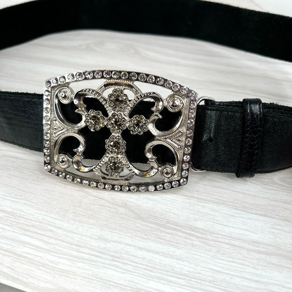 Bebe Cross Buckle Black Leather Belt Rhinestone Studded Women's Size S/M - Picture 8 of 14